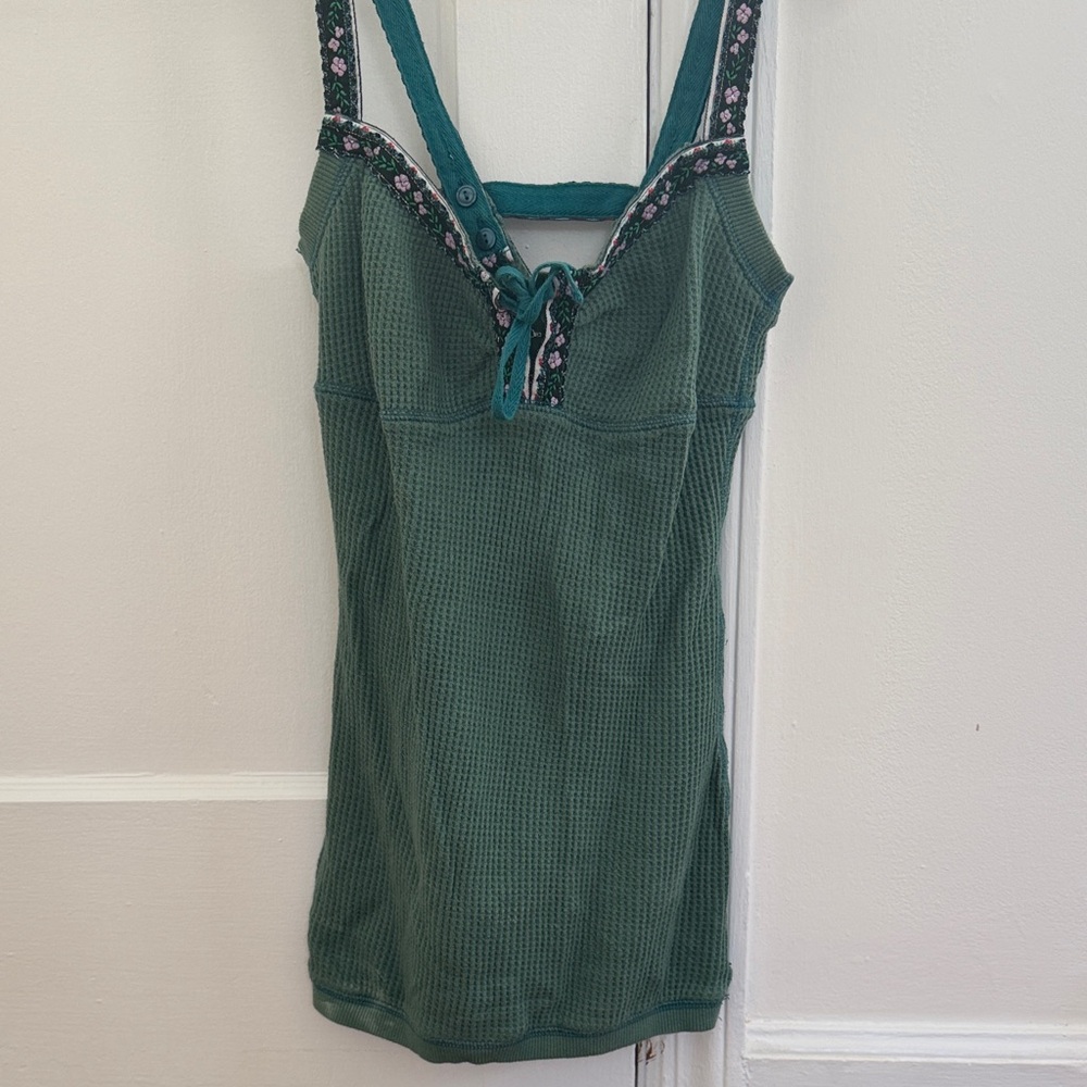 Free People Green Knit Top with White and Pink Floral Design